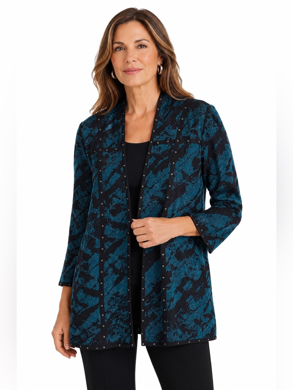 Misook Blue Abstract Knit Cardigan Jacket Open Front 3/4 Sleeve Luxe Art Large